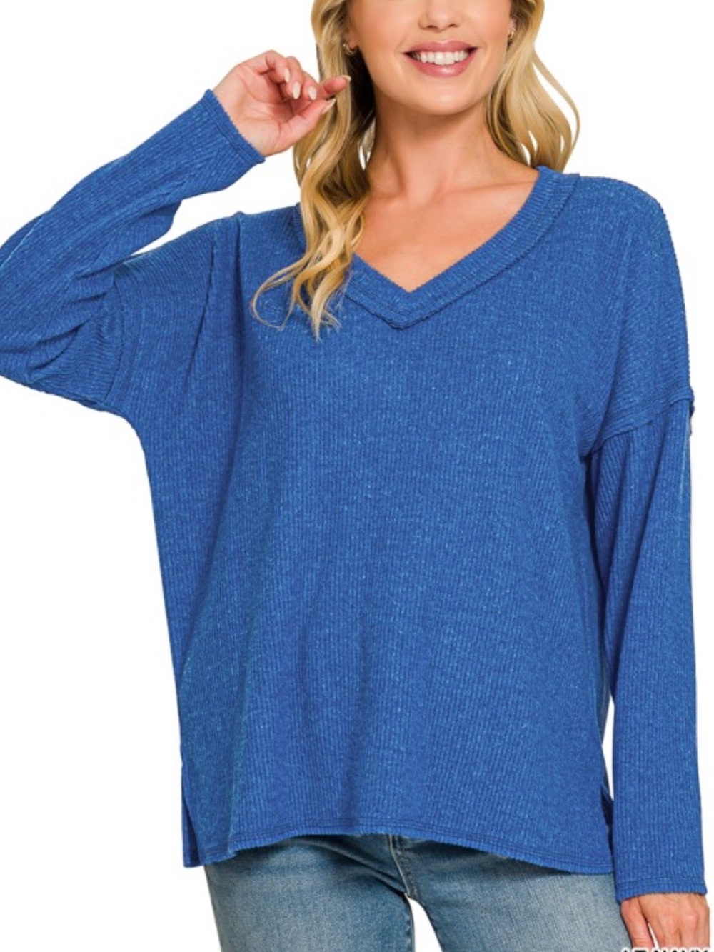 994. BLUE WOMEN’S RIBBED V-NECK DROP SHOULDER TOP